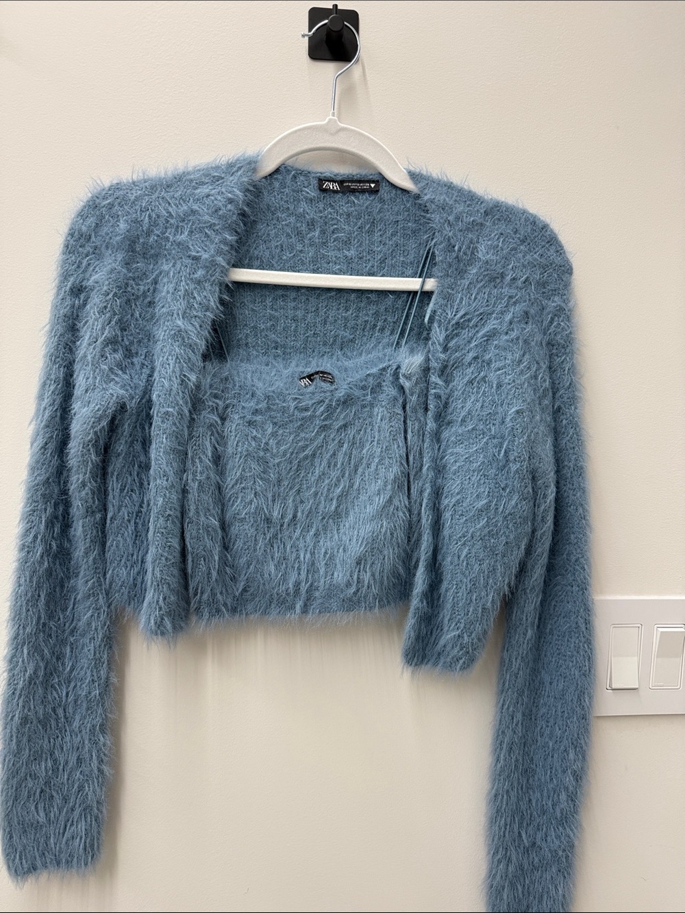 Zara Blue Fuzzy Cropped Women's Cardigan with Tank